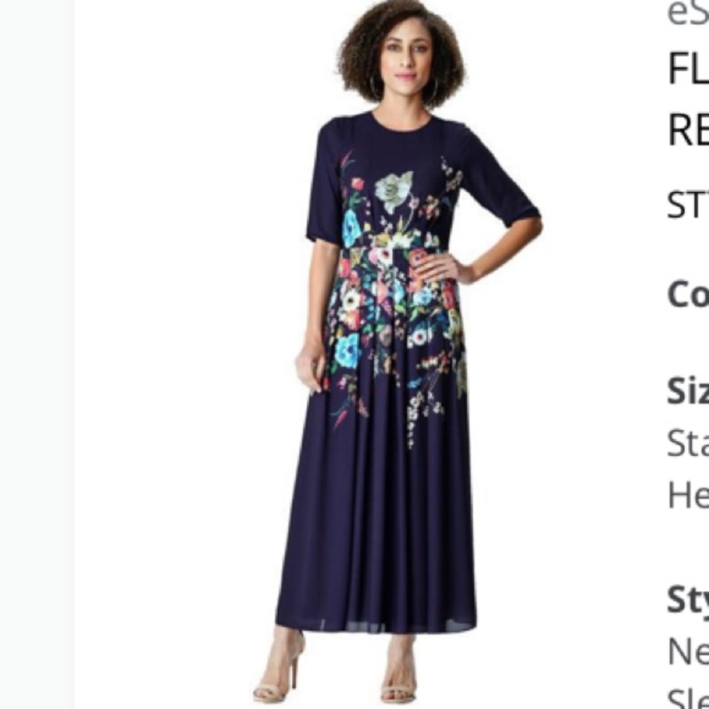 EShakti Long Navy Dress Unique Floral Design sz XL 16 Polyester with Full lining